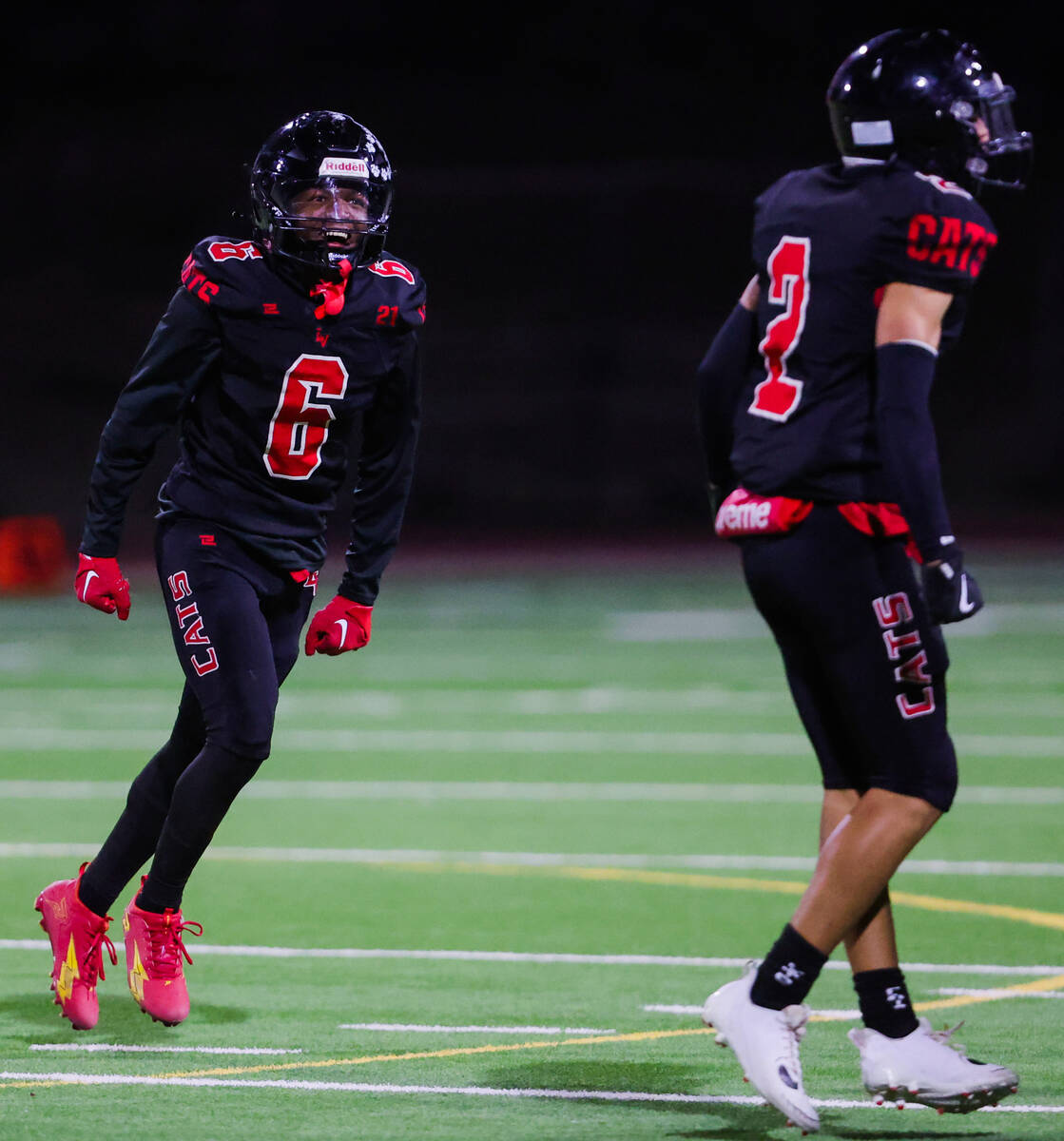 Las Vegas running back Mychael Walker (6) and cornerback Izaiah Cruz (2) celebrate during a hig ...