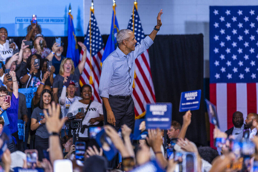 Former President Barack Obama arrives to speak on behalf of the Harris-Walz campaign at Cheyenn ...