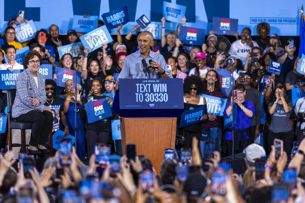 Former President Barack Obama speaks on behalf of the Harris-Walz campaign at Cheyenne High Sch ...