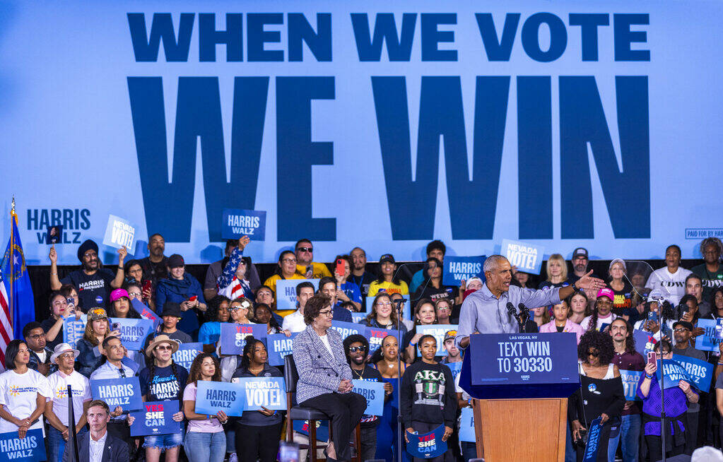 Former President Barack Obama speaks on behalf of the Harris-Walz campaign at Cheyenne High Sch ...