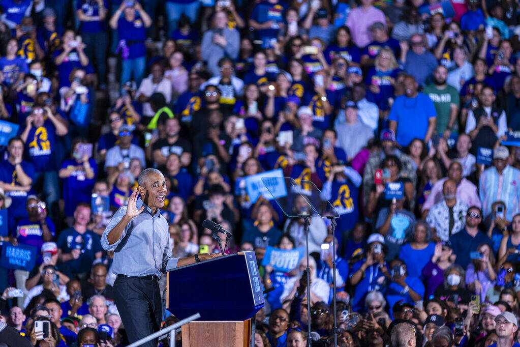 Former President Barack Obama speaks on behalf of the Harris-Walz campaign at Cheyenne High Sch ...