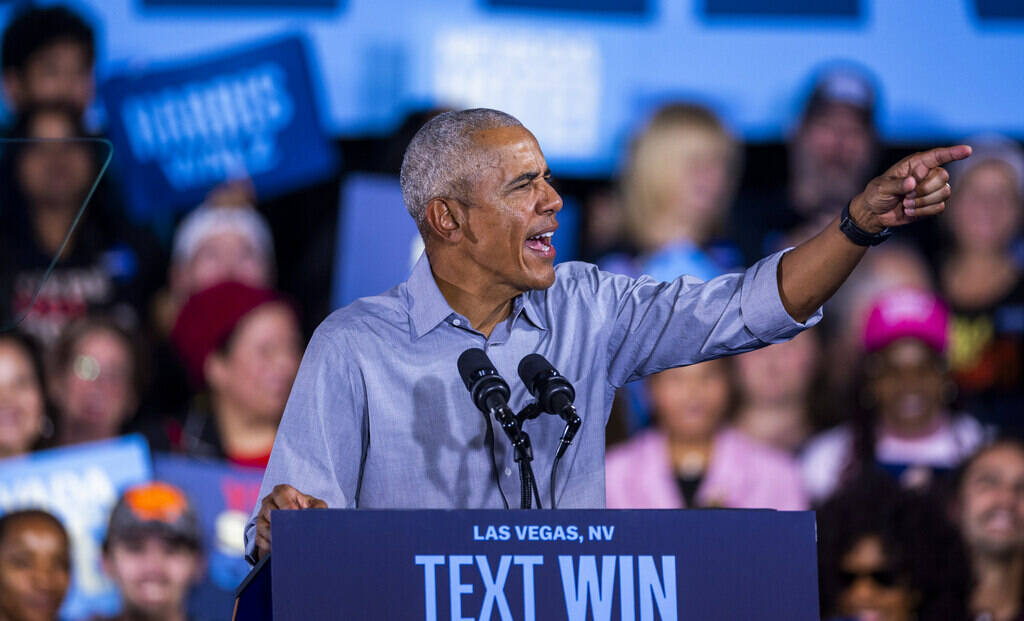 Former President Barack Obama speaks on behalf of the Harris-Walz campaign at Cheyenne High Sch ...