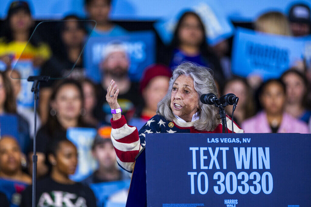 Congresswoman Dina Titus talks to the crowd about the upcoming election before Former President ...