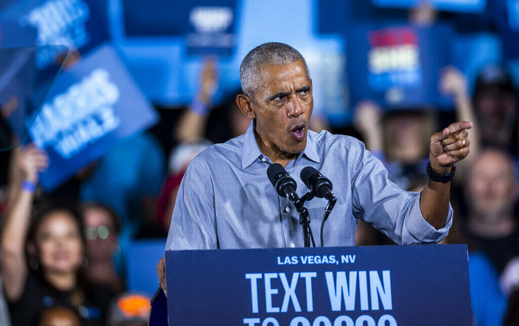 Former President Barack Obama speaks on behalf of the Harris-Walz campaign at Cheyenne High Sch ...