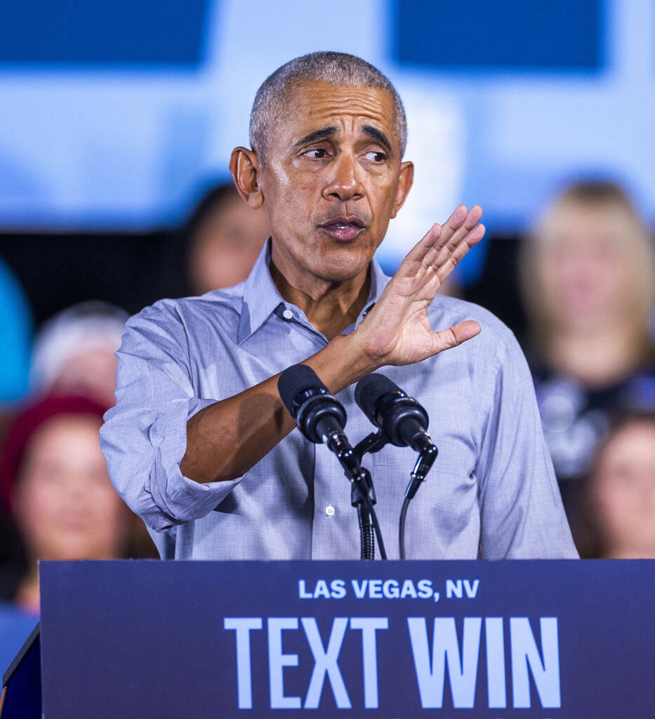 Former President Barack Obama speaks on behalf of the Harris-Walz campaign at Cheyenne High Sch ...