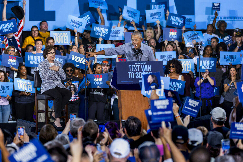 Former President Barack Obama tells the crowd to also vote for Senator Jacky Rosen as he speaks ...