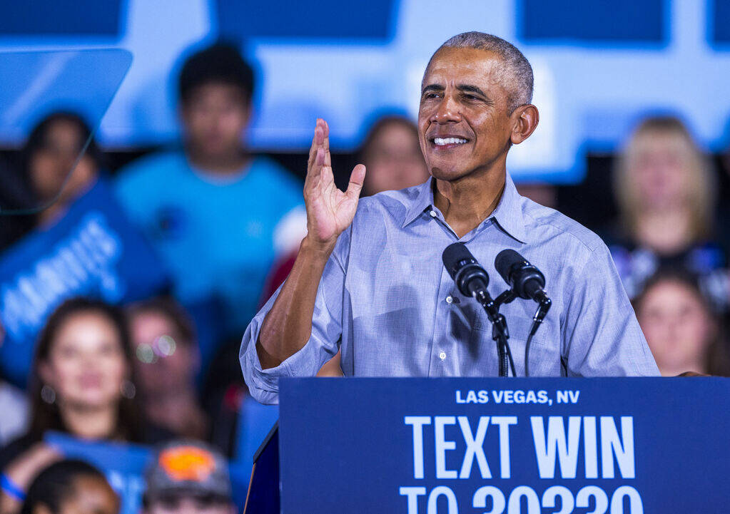 Former President Barack Obama speaks on behalf of the Harris-Walz campaign at Cheyenne High Sch ...