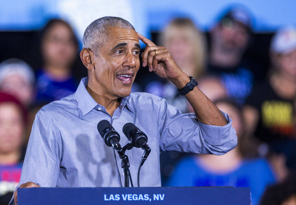 Former President Barack Obama speaks on behalf of the Harris-Walz campaign at Cheyenne High Sch ...