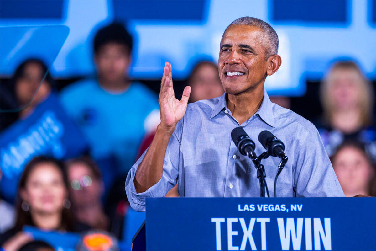 Former President Barack Obama speaks on behalf of the Harris-Walz campaign at Cheyenne High Sch ...