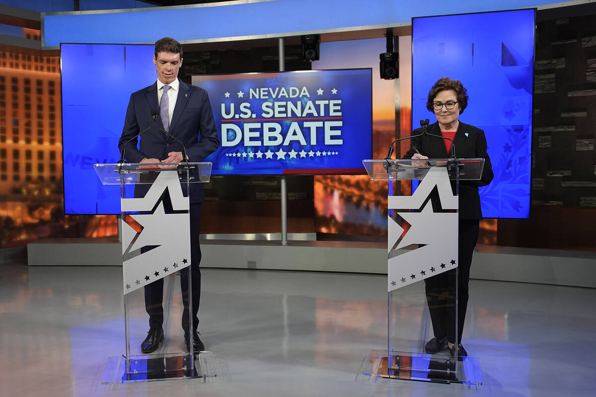 Republican senatorial candidate Sam Brown, left, and Sen. Jacky Rosen, D-Nev., prepare before a ...