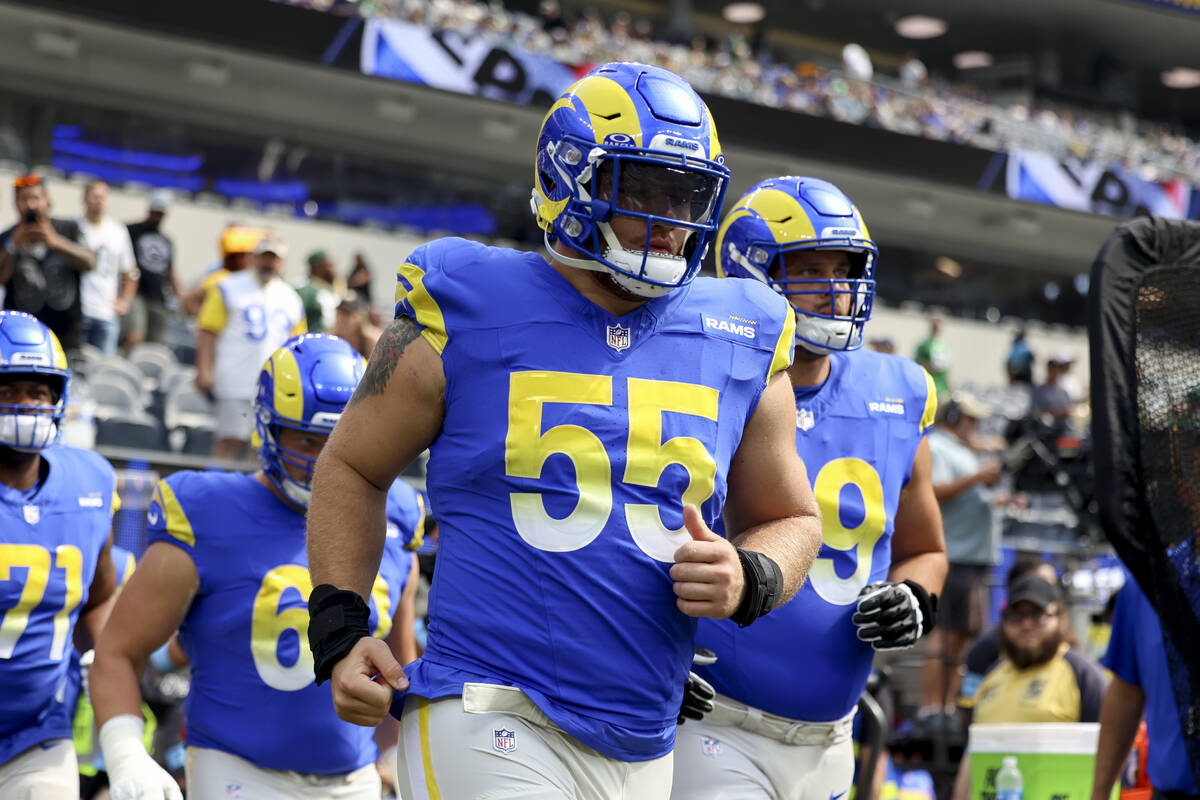 Los Angeles Rams defensive tackle Braden Fiske enters the field before an NFL football game aga ...