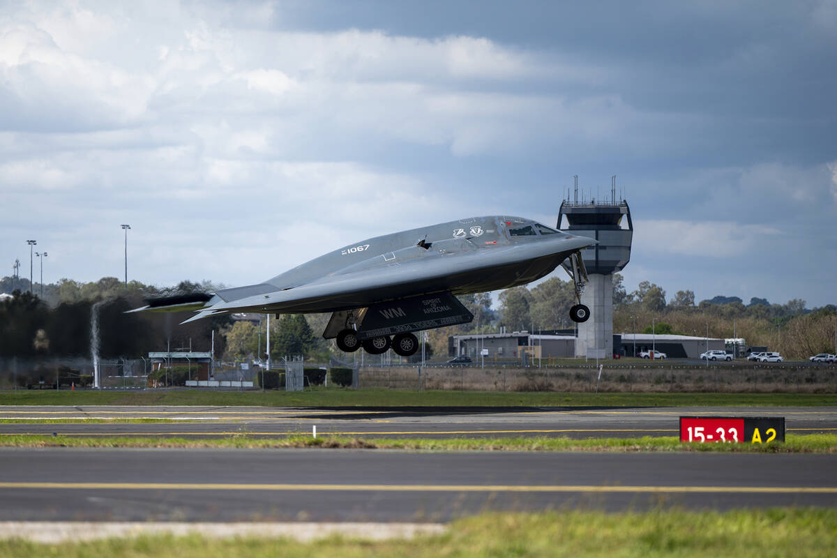 In this photo released by U.S. Air National Guard, a U.S. Air Force B-2 Spirit stealth bomber t ...