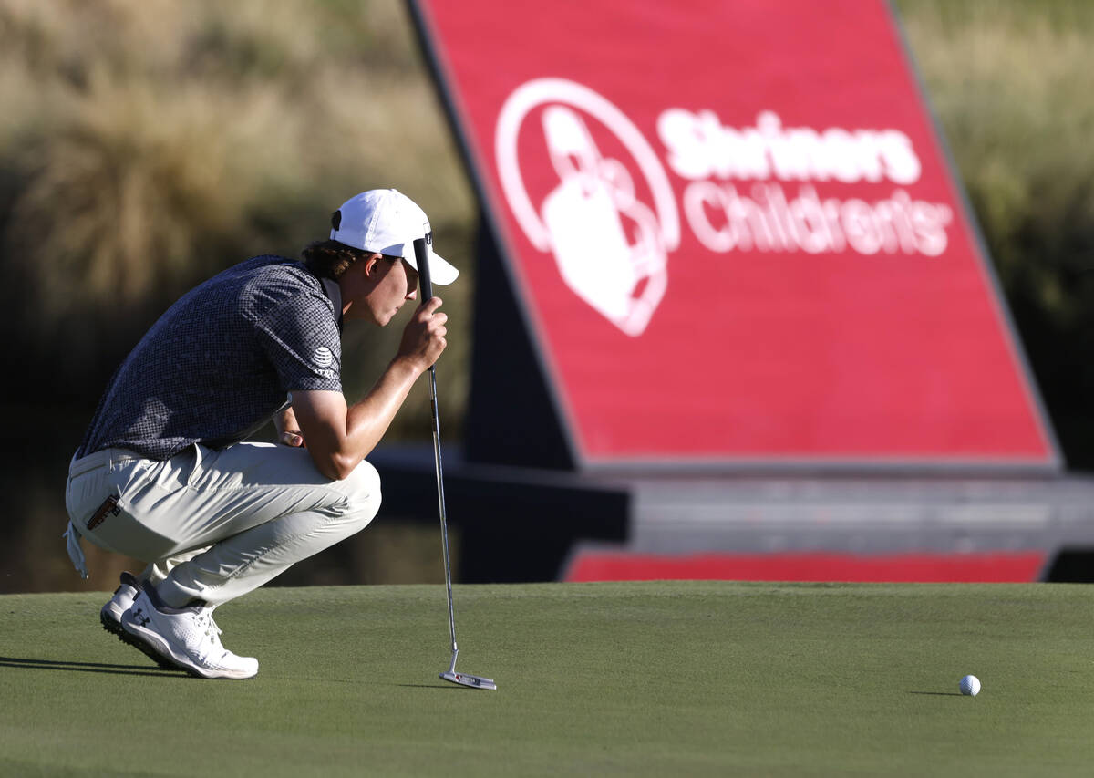 Maverick McNealy of Las Vegas checks his line at green No.18 during the third round of the Shri ...