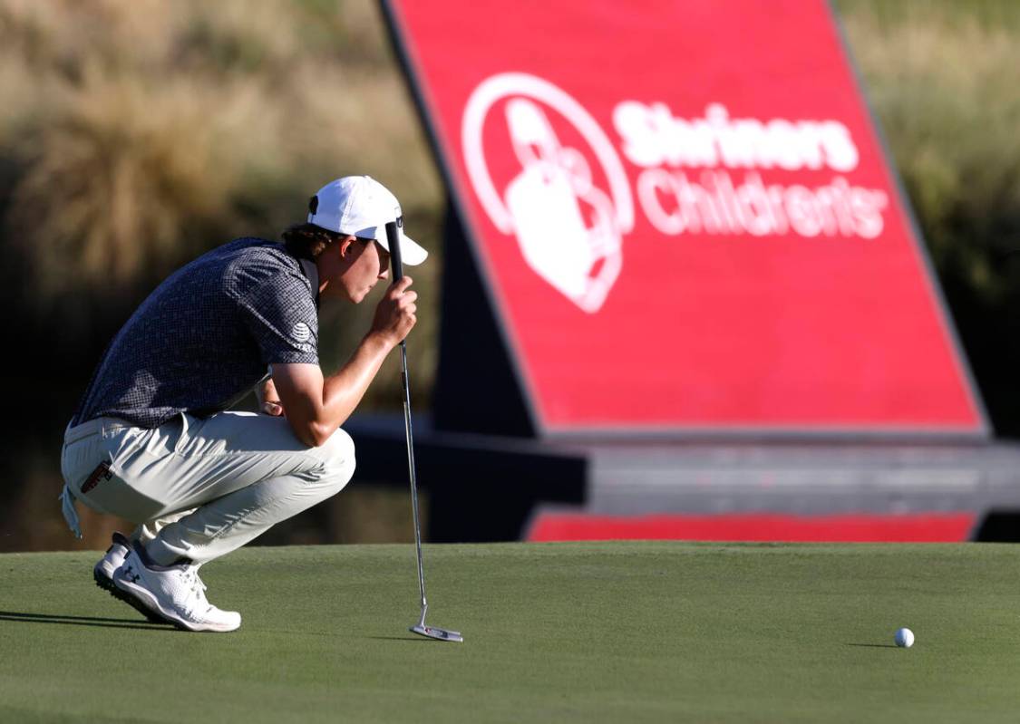 Maverick McNealy of Las Vegas checks his line at green No.18 during the third round of the Shri ...