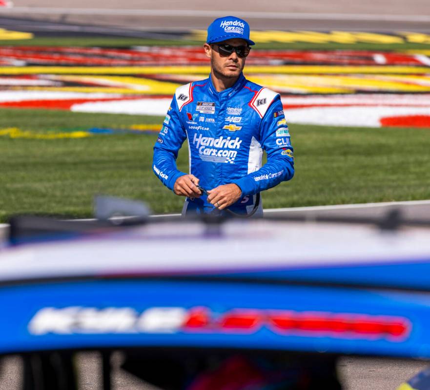 Kyle Larson (5) approaches his car for the NASCAR Cup Series practice session for the South Poi ...