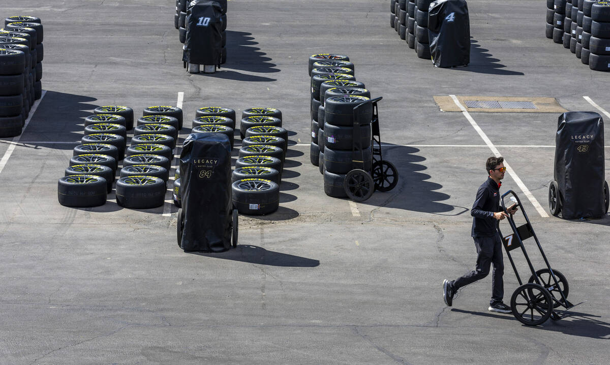 Tires are stacked and ready for the teams near the Neon Garage before NASCAR Cup Series practic ...