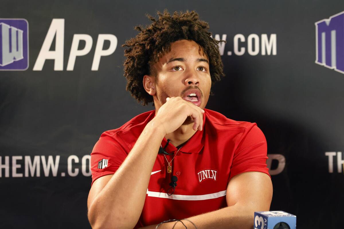 UNLV Rebels guard Dedan Thomas Jr. speaks during the Mountain West Conference men's basketball ...