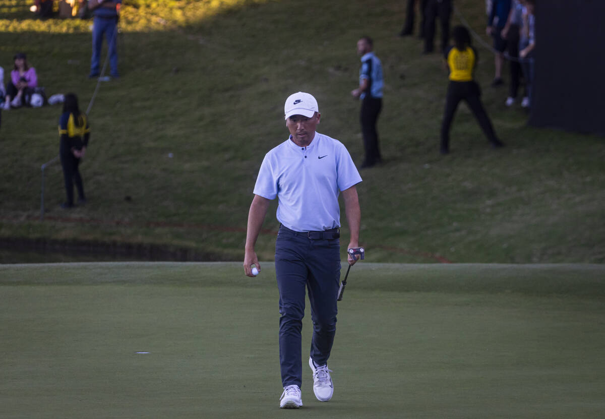 Doug Ghim reacts after finishing at the 18th hole for the final round of the Shriners Children& ...