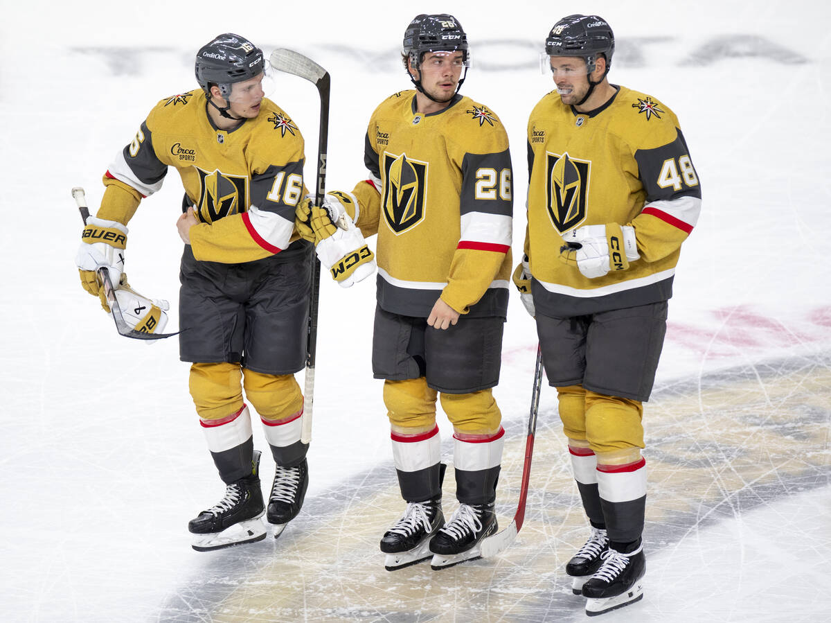 Vegas Golden Knights left wing Pavel Dorofeyev (16), right wing Alexander Holtz (26) and center ...