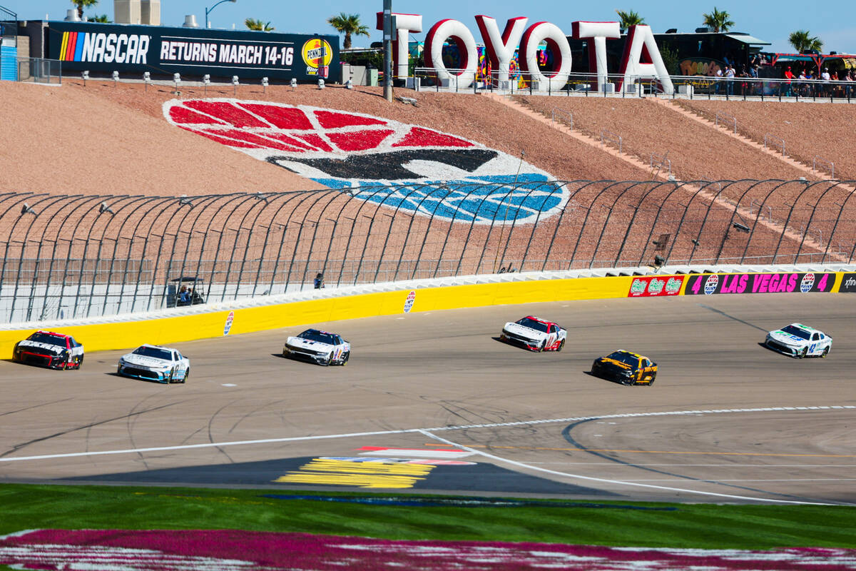 NASCAR drivers race along the track during the South Point 400 NASCAR Cup Series race at the La ...