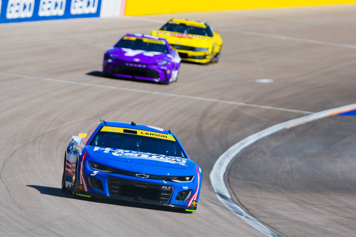 NASCAR driver Kyle Larson speeds along the track during the South Point 400 NASCAR Cup Series r ...