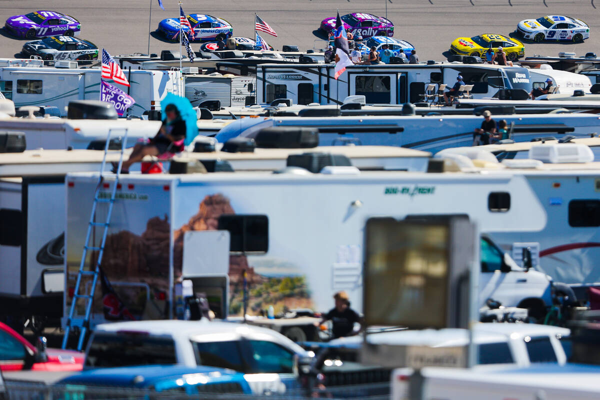 NASCAR drivers race along the track during the South Point 400 NASCAR Cup Series race at the La ...