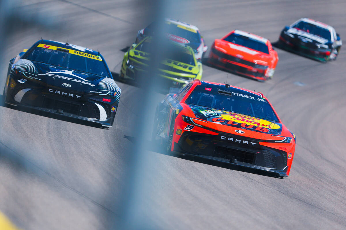 NASCAR drivers race along the track during the South Point 400 NASCAR Cup Series race at the La ...