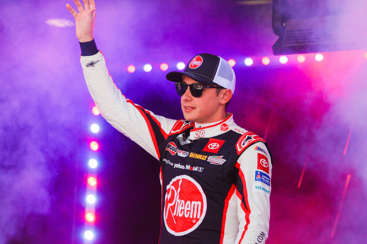 NASCAR driver Christopher Bell waves to fans during the South Point 400 NASCAR Cup Series race ...