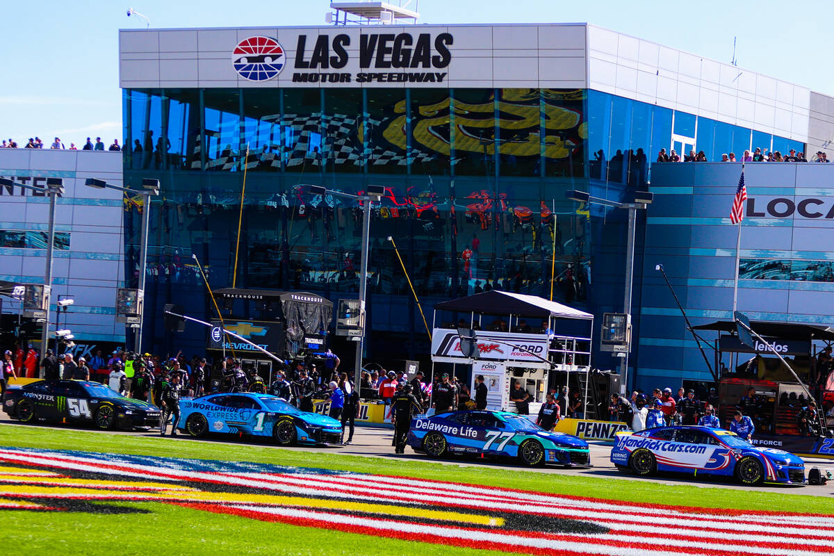 Drivers prepare to take off during the South Point 400 NASCAR Cup Series race at the Las Vegas ...