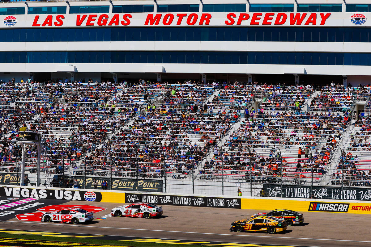 NASCAR drivers race the track during the South Point 400 NASCAR Cup Series race at the Las Vega ...