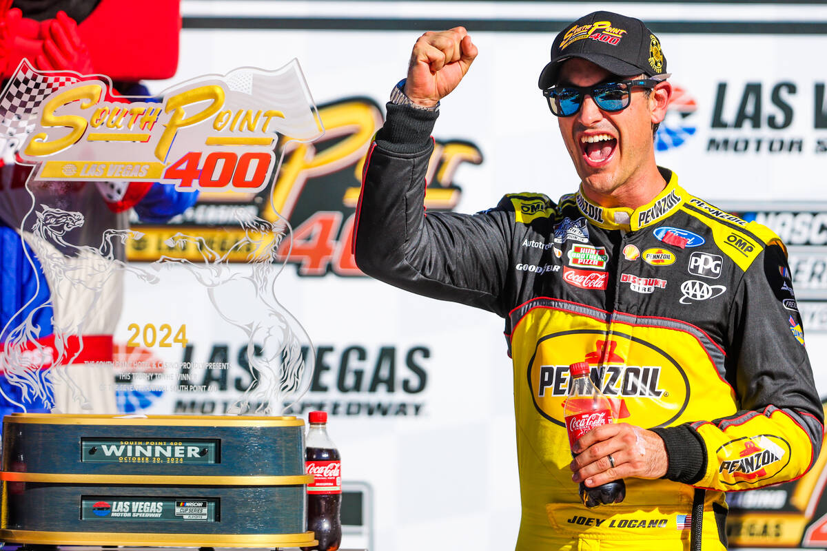 Joey Logano celebrates winning the South Point 400 NASCAR Cup Series race at the Las Vegas Moto ...