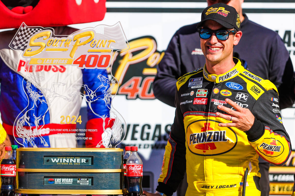 Joey Logano celebrates winning the South Point 400 NASCAR Cup Series race at the Las Vegas Moto ...