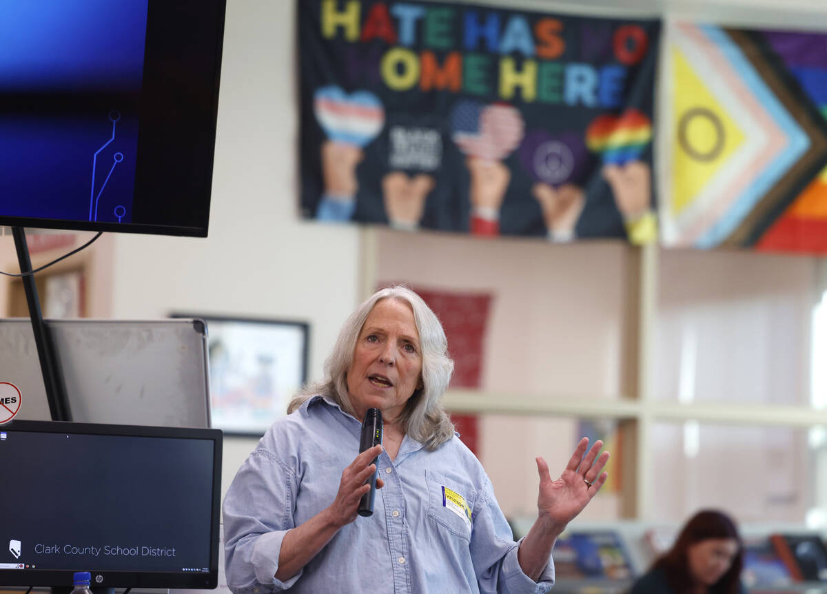 Ellen Hopkins, a banned author, speaks at Arbor View High School library, on Monday, Oct. 21, 2 ...