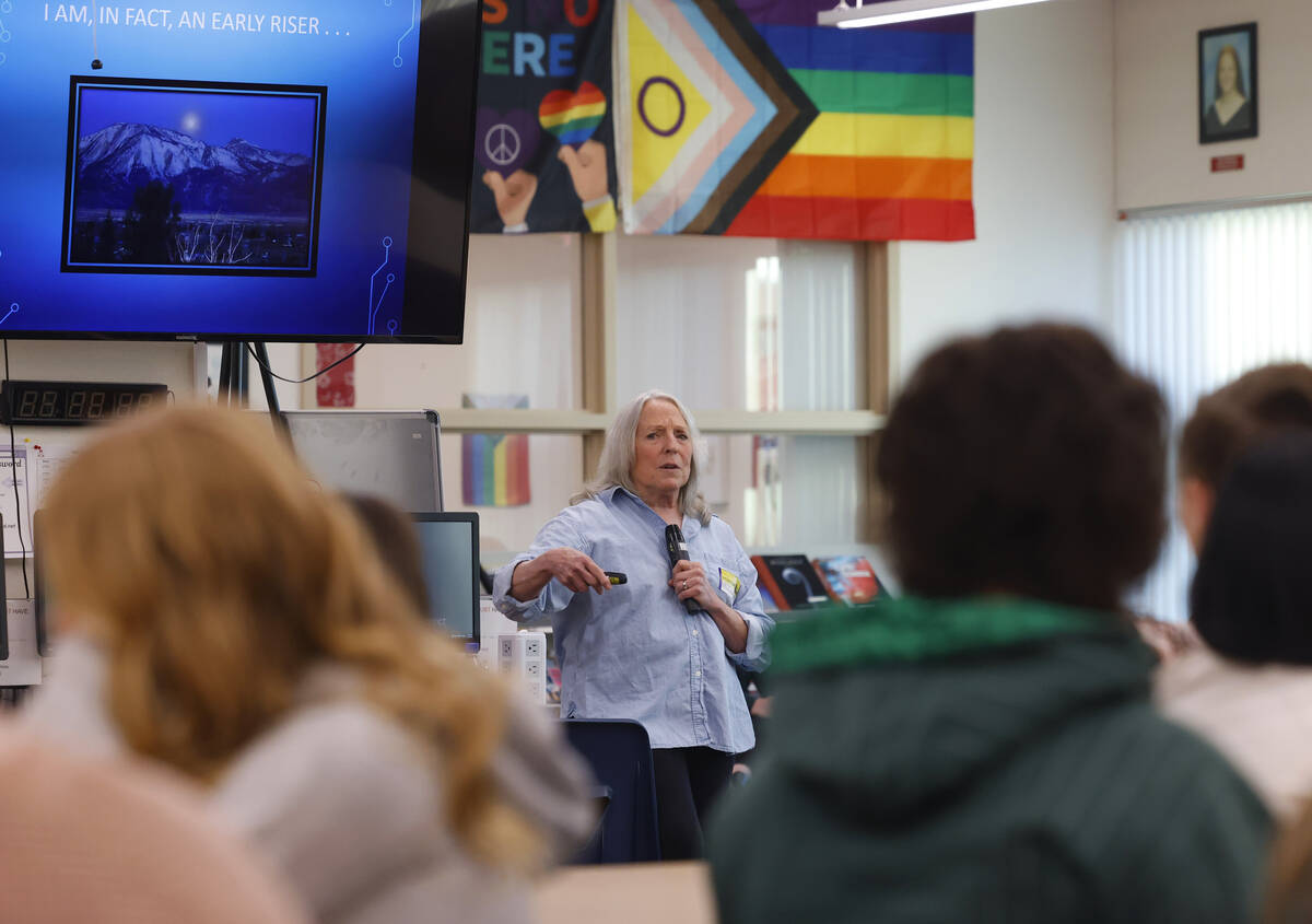 Ellen Hopkins, a banned author, speaks at Arbor View High School library, on Monday, Oct. 21, 2 ...