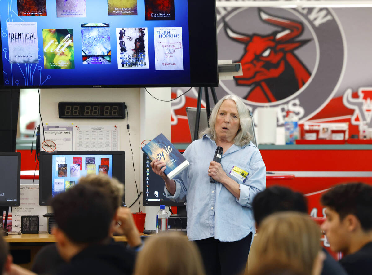 Ellen Hopkins, a banned author, speaks at Arbor View High School library, on Monday, Oct. 21, 2 ...