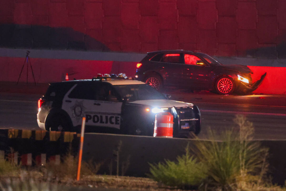 Law enforcement investigate a shooting on Interstate 15 southbound on Thursday, Aug. 8, 2024, i ...