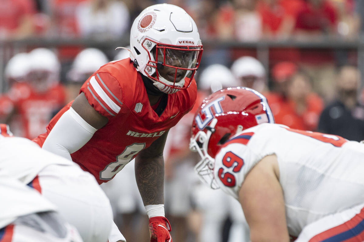 FILE - UNLV linebacker Marsel McDuffie (8) waits for the snap during the college football game ...