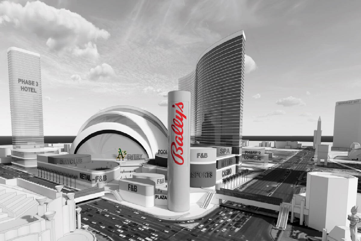 Renderings depict the planned layout of the Athletics' ballpark and Bally's Corp. resort to be ...