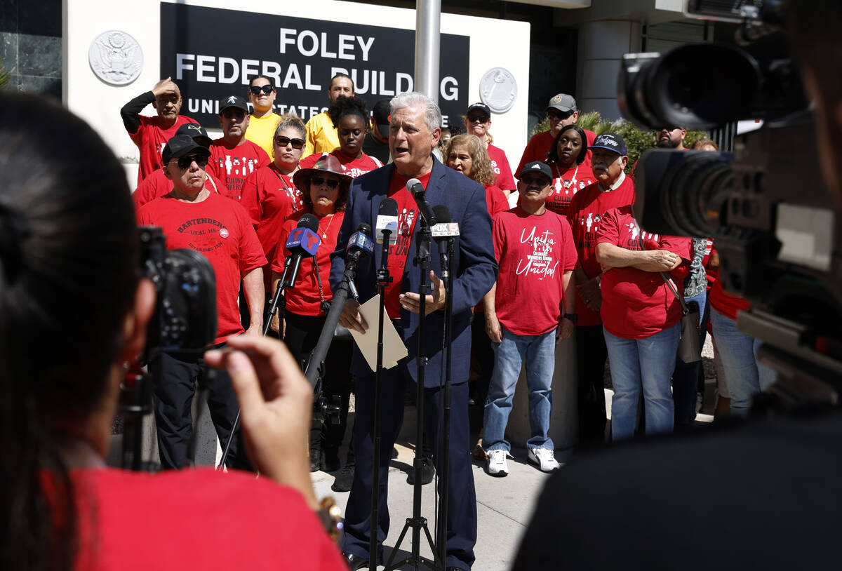 Ted Pappageorge, secretary-treasurer for the Culinary Workers Union, speaks about an NLRB lawsu ...