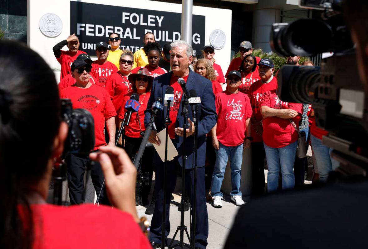 Ted Pappageorge, secretary-treasurer for the Culinary Workers Union, speaks about an NLRB lawsu ...