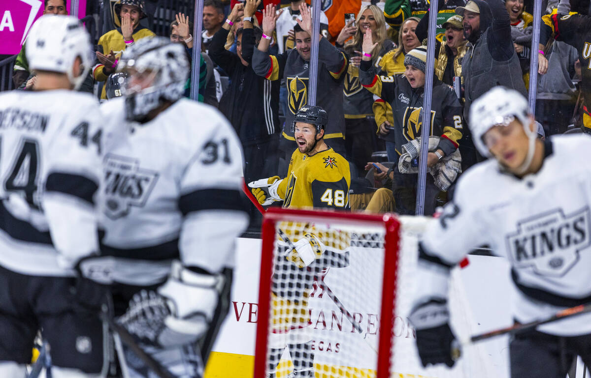 Golden Knights center Tomas Hertl (48) celebrtates a goal against Los Angeles Kings goaltender ...