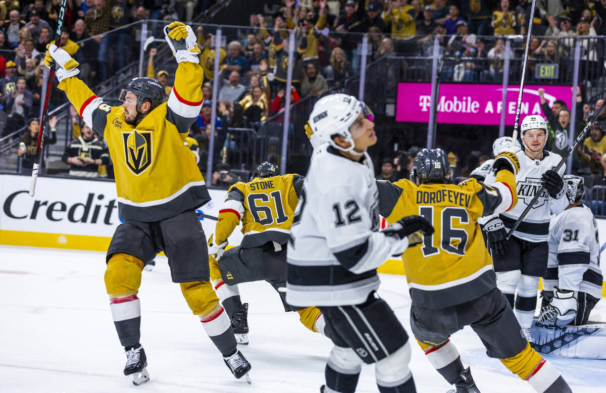 Golden Knights center Tomas Hertl (48) and teammates celebrate another power-play goal against ...