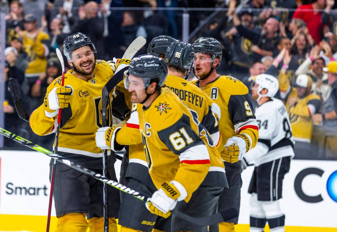 Golden Knights captain Mark Stone (61) celebrates a goal during the first period of an NHL game ...