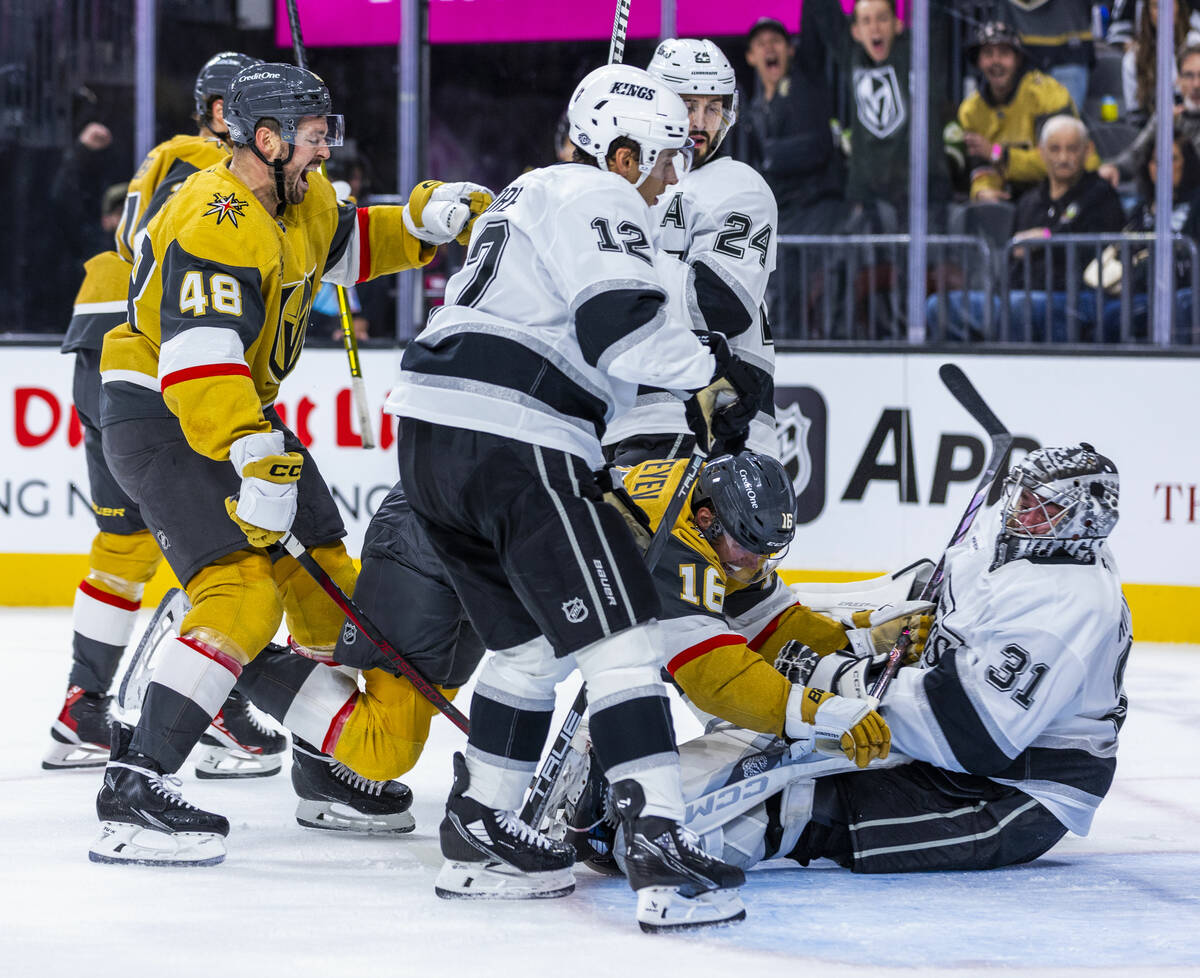 Golden Knights center Tomas Hertl (48) yells to Golden Knights left wing Pavel Dorofeyev (16) a ...