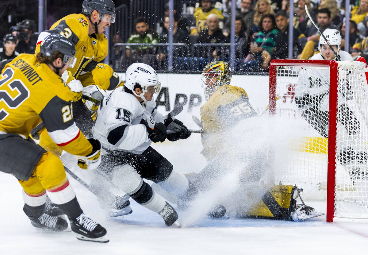 Golden Knights goaltender Ilya Samsonov (35) deflects away another shot in close by Los Angeles ...