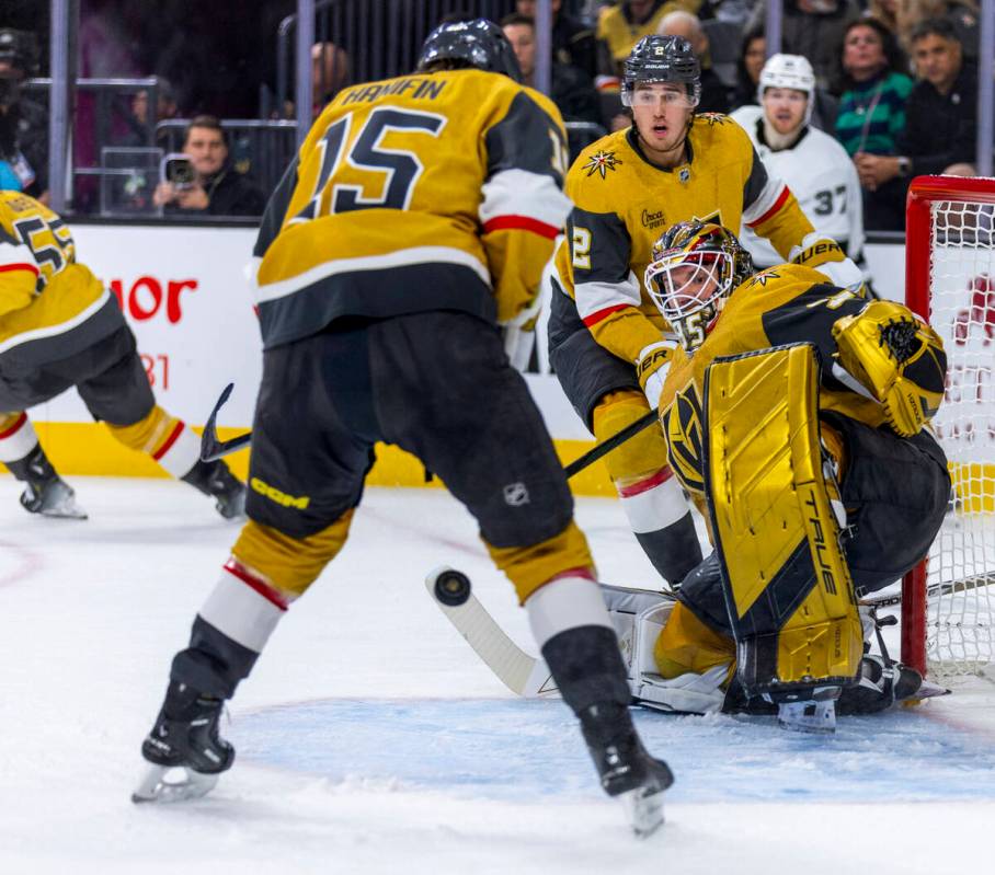 Golden Knights goaltender Ilya Samsonov (35) deflects away another shot in close by the Los Ang ...