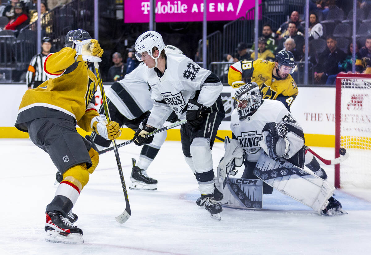 Golden Knights center Tomas Hertl (48) sneaks in a shot past Los Angeles Kings goaltender David ...