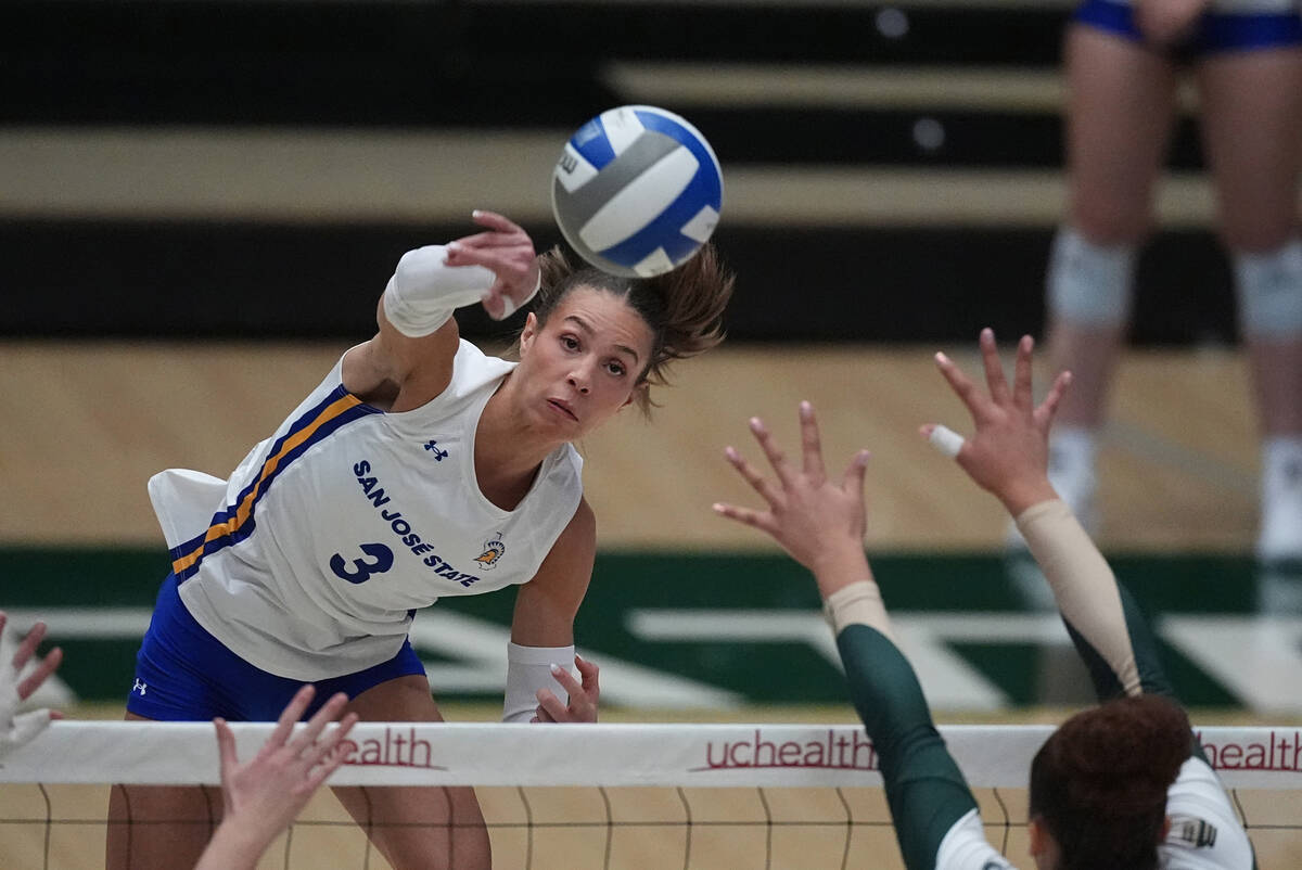 San Jose State outside hitter Blaire Fleming returns the ball in the first set of an NCAA colle ...