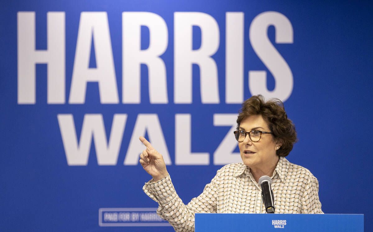 Sen. Jacky Rosen, D-Nev., speaks during a Harris-Walz campaign stop at the Doolittle Community ...