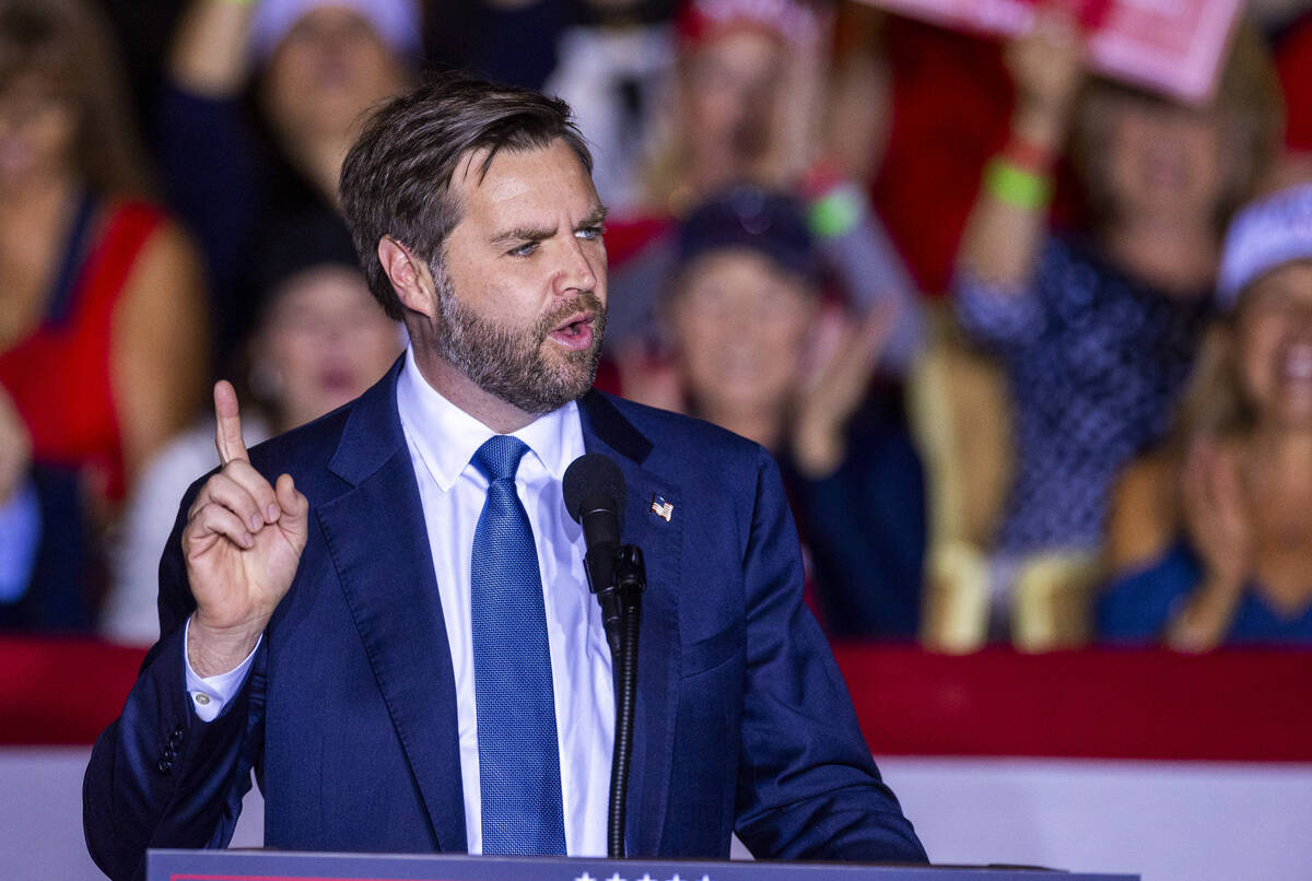 Republican vice presidential nominee Sen. JD Vance speaks to supporters at Treasure Island on W ...